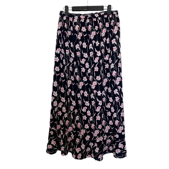 Vintage Sag Harbor Navy Blue with Pink White Floral Print Midi Skirt Size 8 - Picture 1 of 5